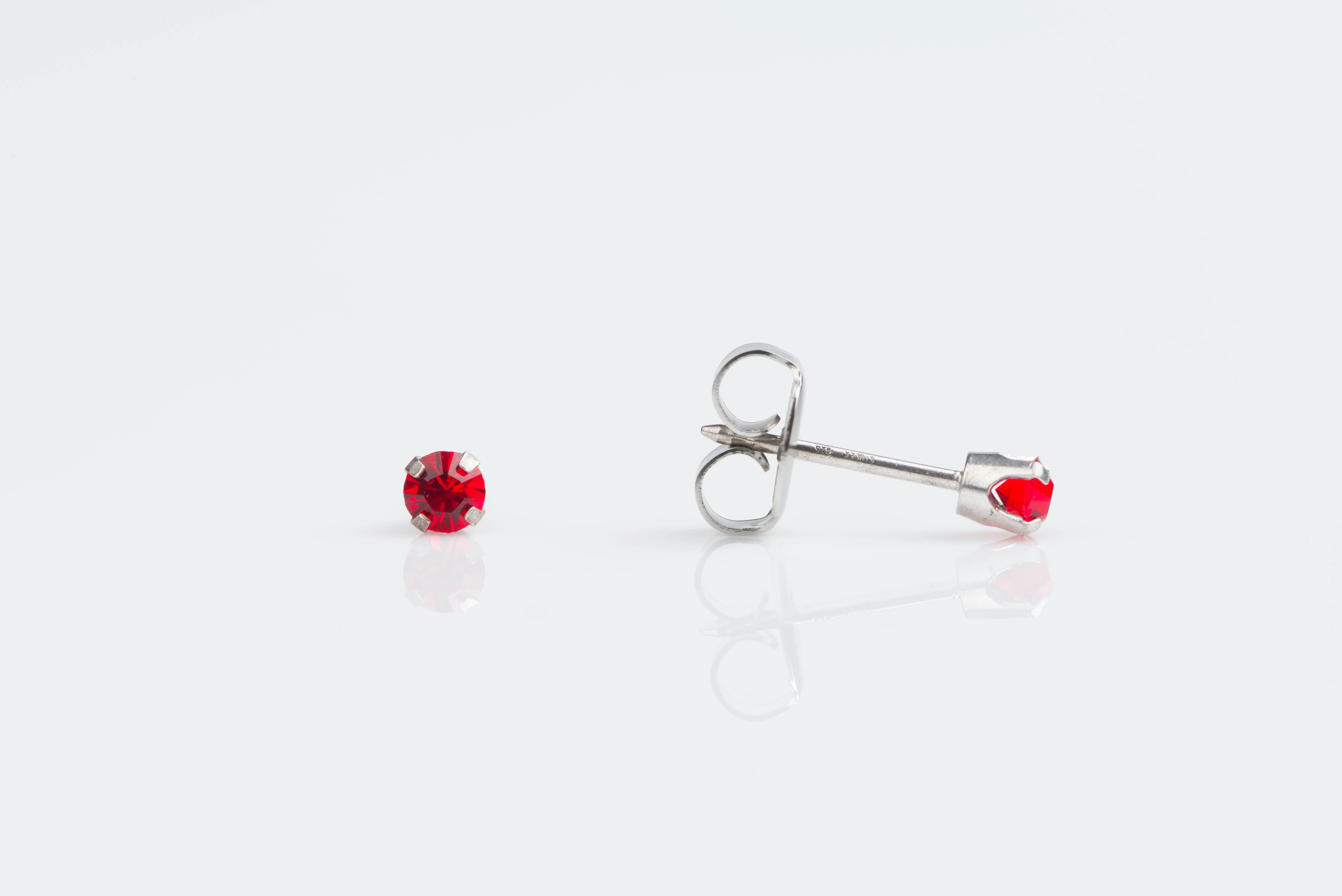System 75 Prong Set Birthstone Piercing Studs - 3mm - July Ruby Crystal - Stainless Steel