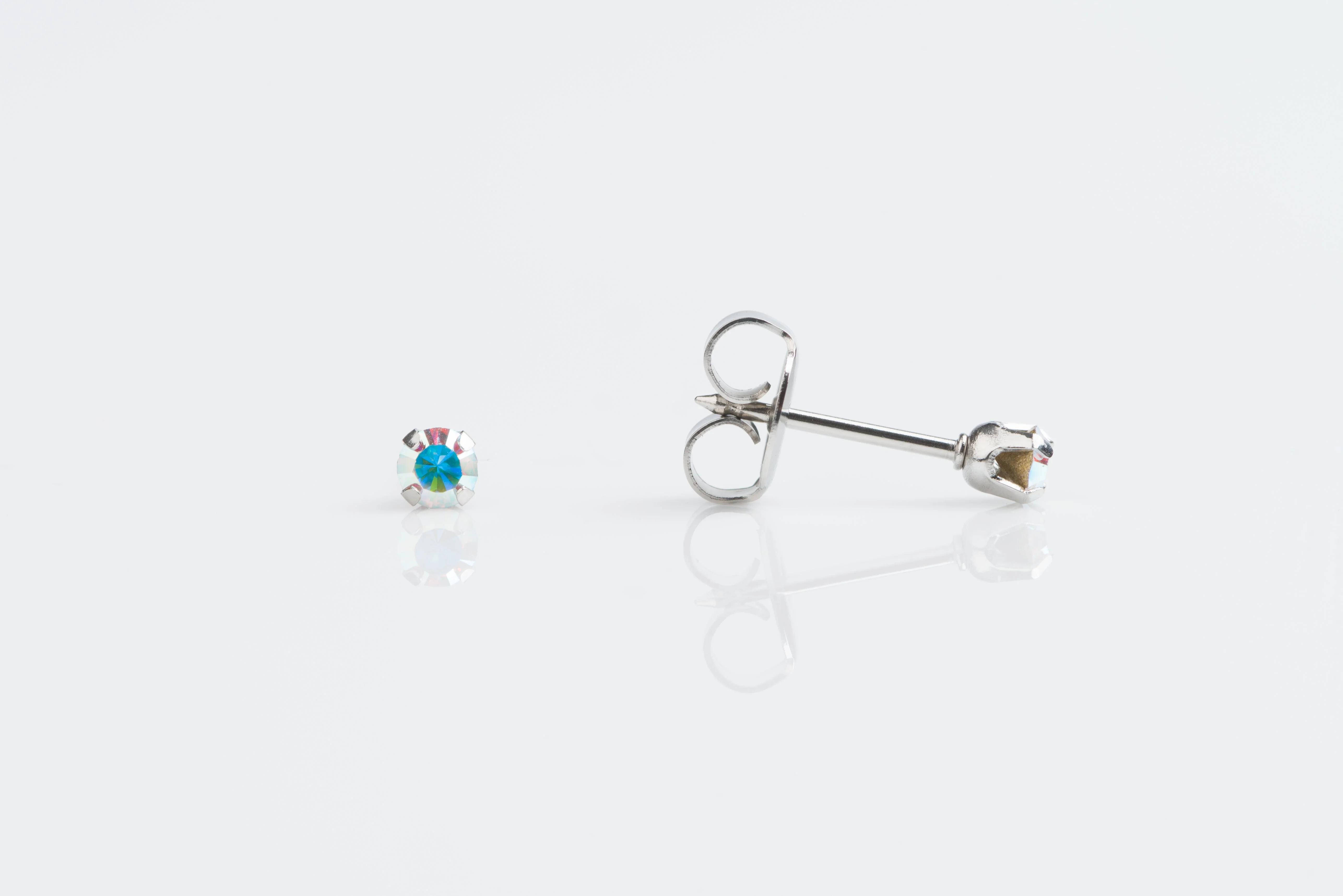System 75 Prong Set Birthstone Piercing Studs - 3mm - Rainbow AB Crystal - Stainless Steel - Image 3