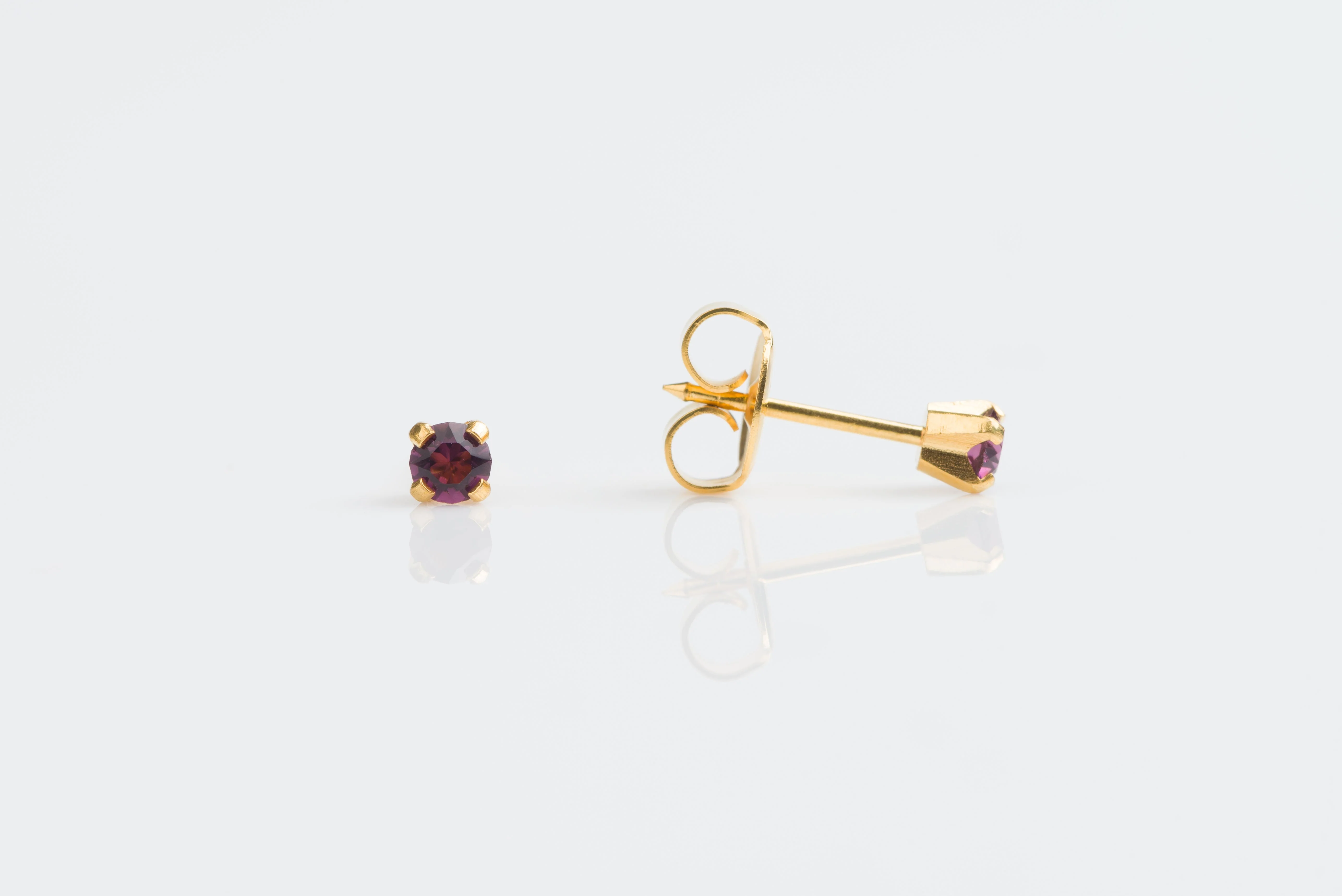 System 75 Prong Set Birthstone Piercing Studs - 3mm - February Amethyst Crystal - 14K Yellow Gold