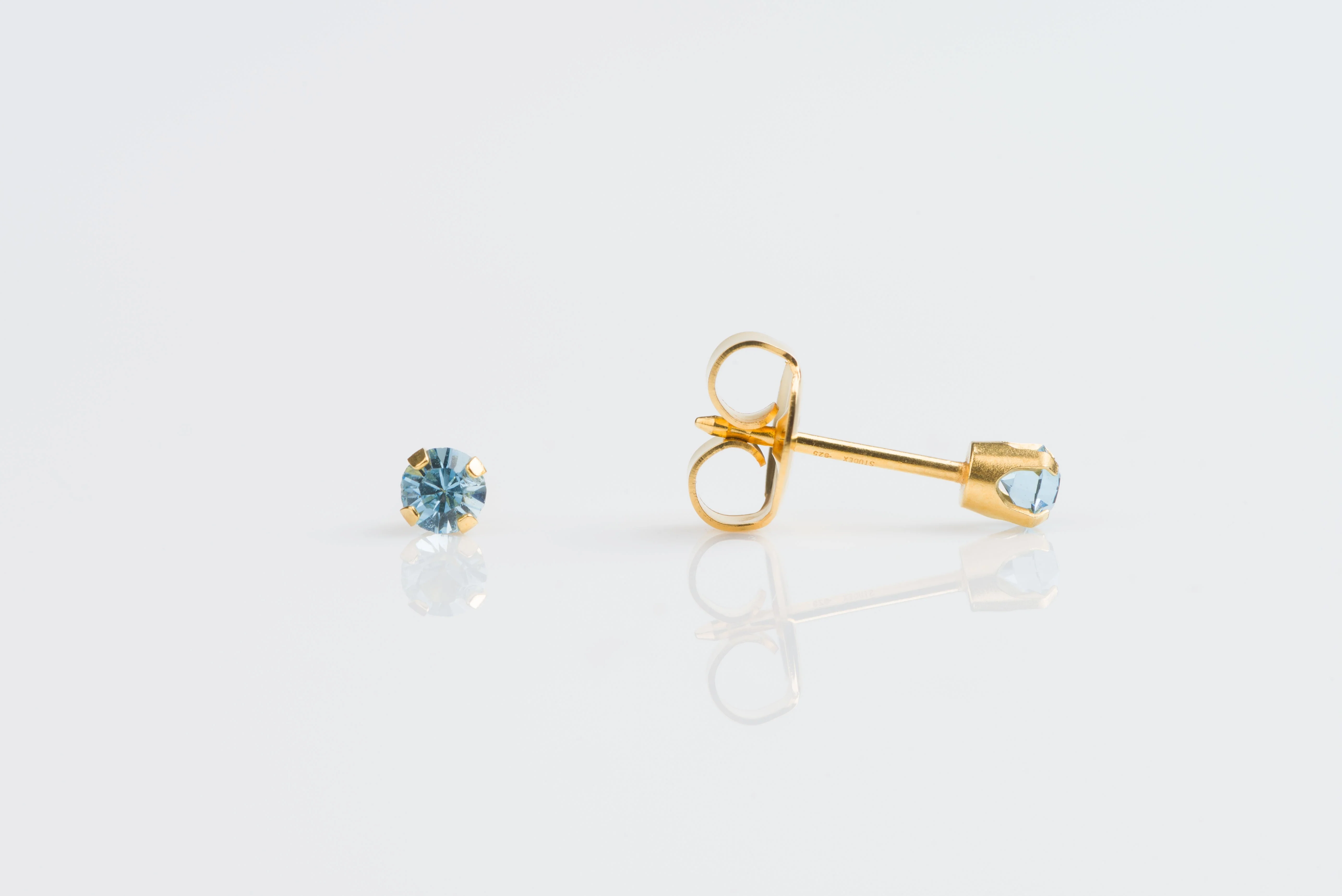 System 75 Prong Set Birthstone Piercing Studs - 3mm - March Aquamarine Crystal - 14K Yellow Gold