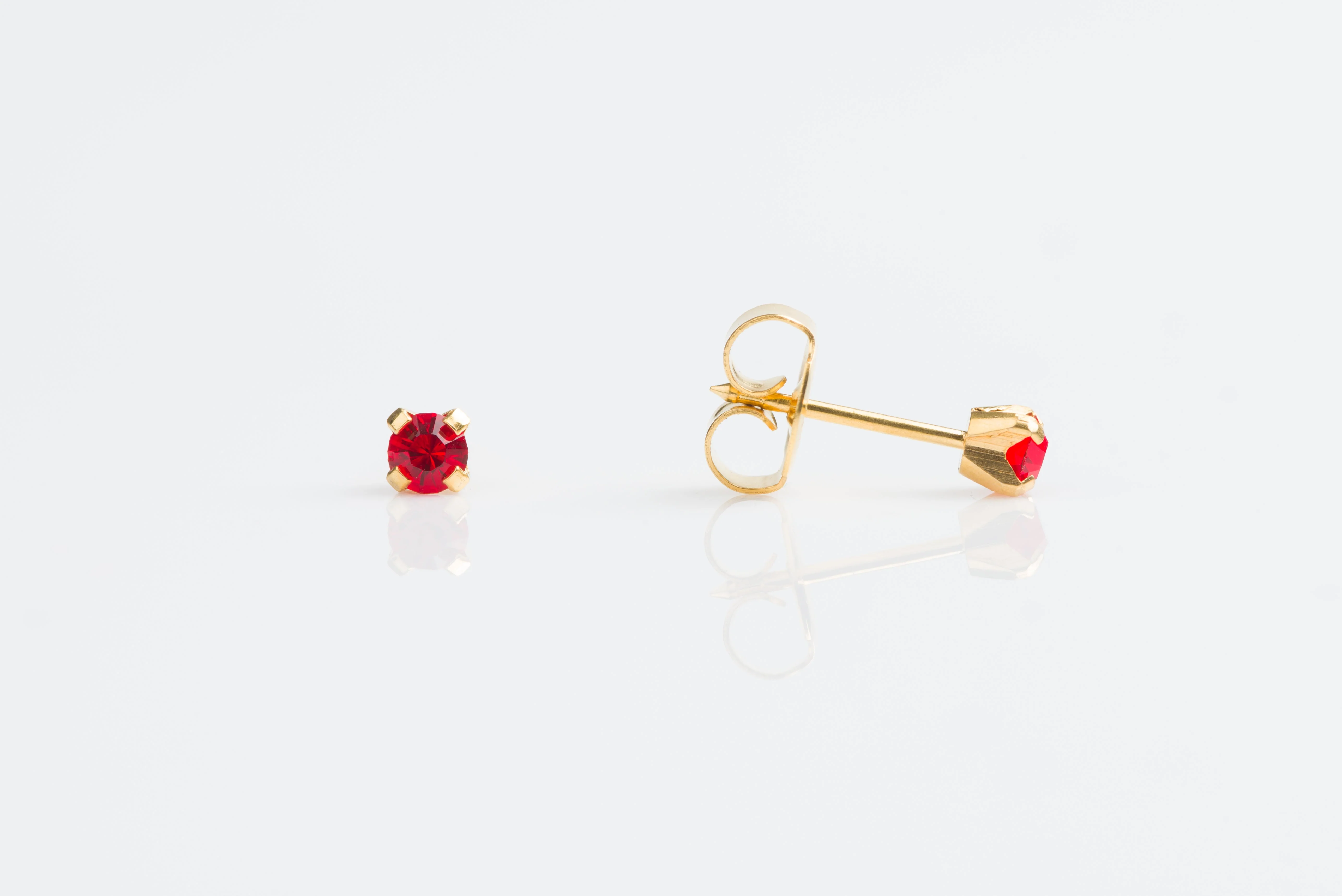 System 75 Prong Set Birthstone Piercing Studs - 3mm - July Ruby Crystal - 14K Yellow Gold