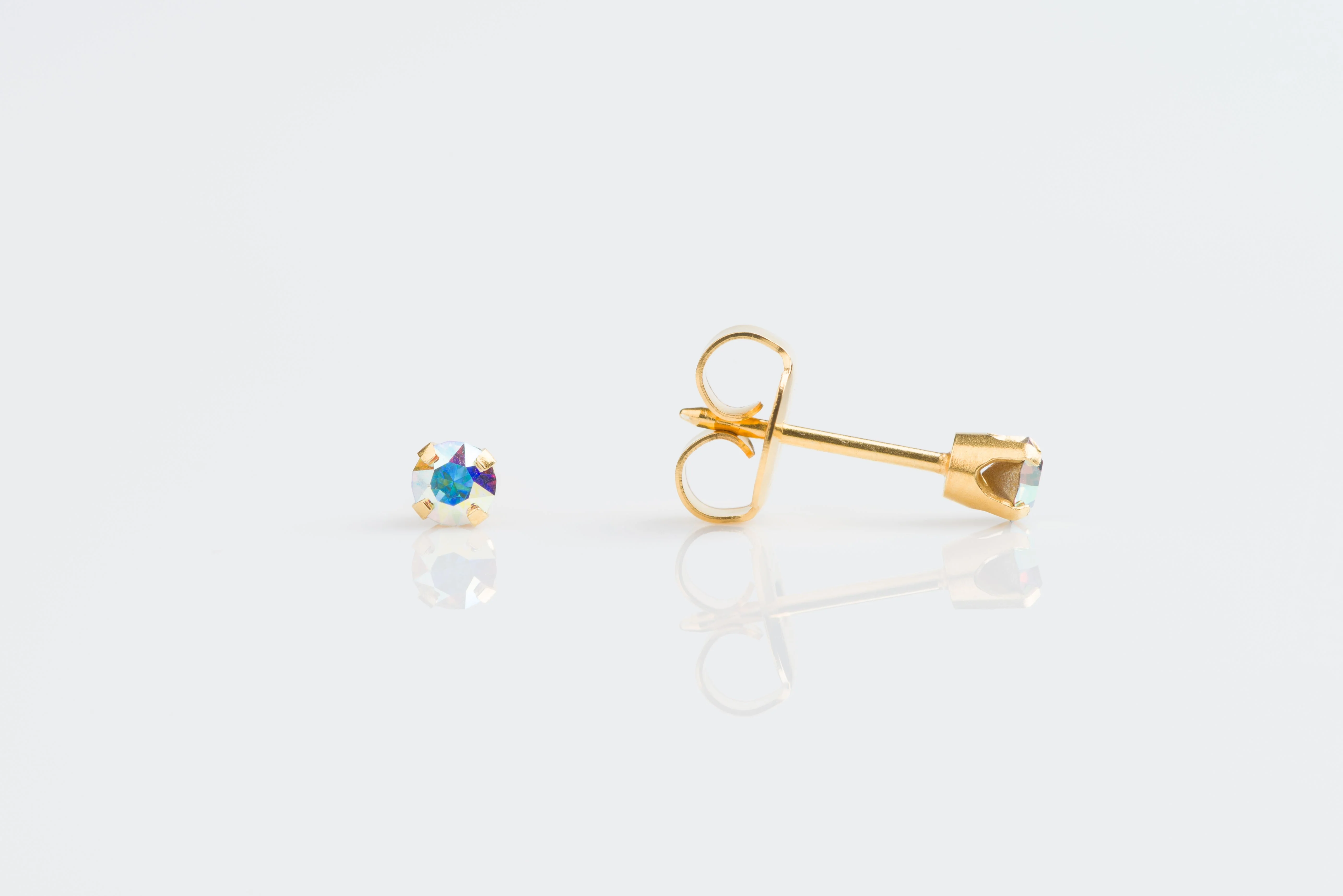 System 75 Prong Set Birthstone Piercing Studs - 3mm - Rainbow AB Crystal - 14K Yellow Gold