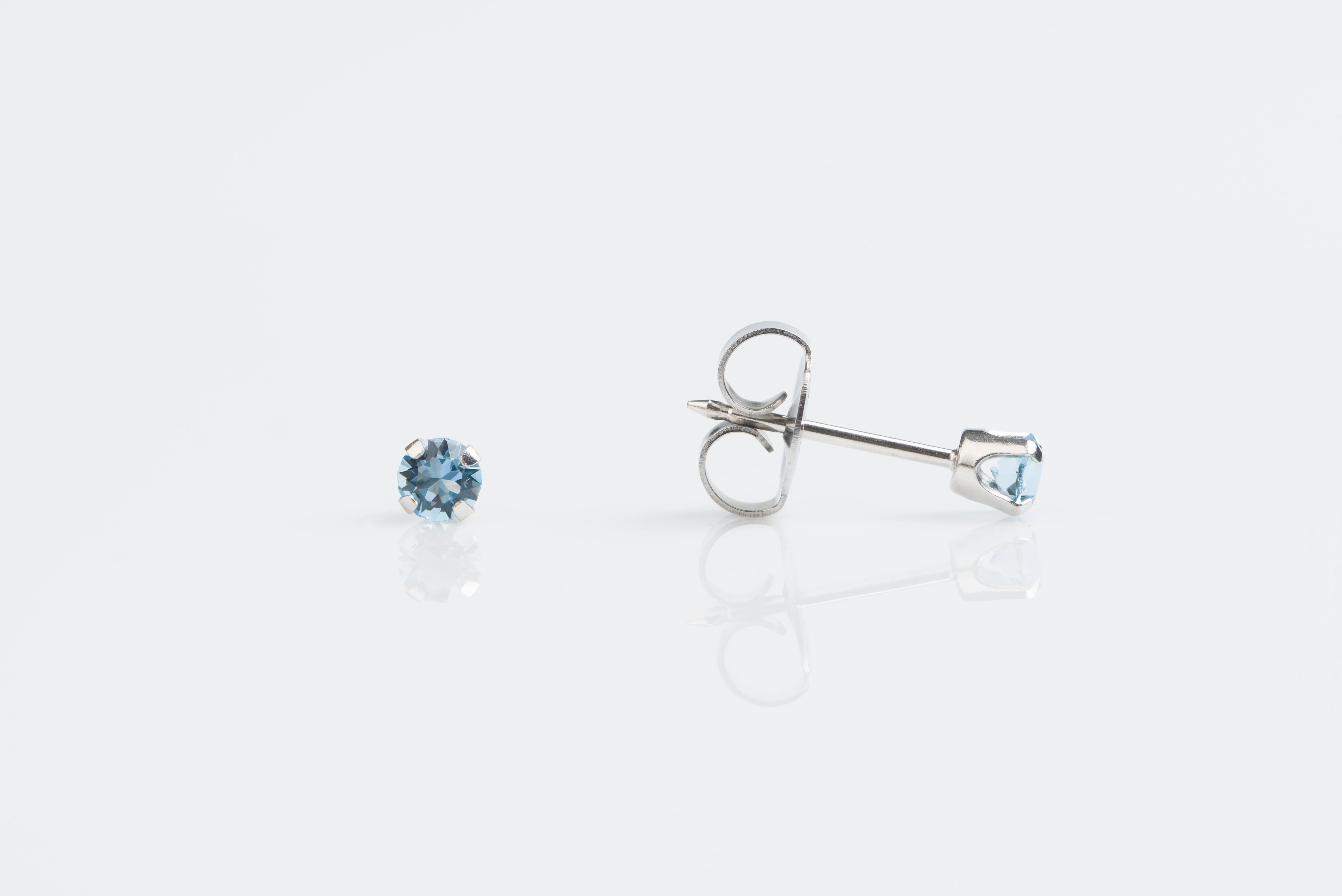 System 75 Prong Set Birthstone Piercing Studs - 3mm - March Aquamarine Crystal - 14K White Gold