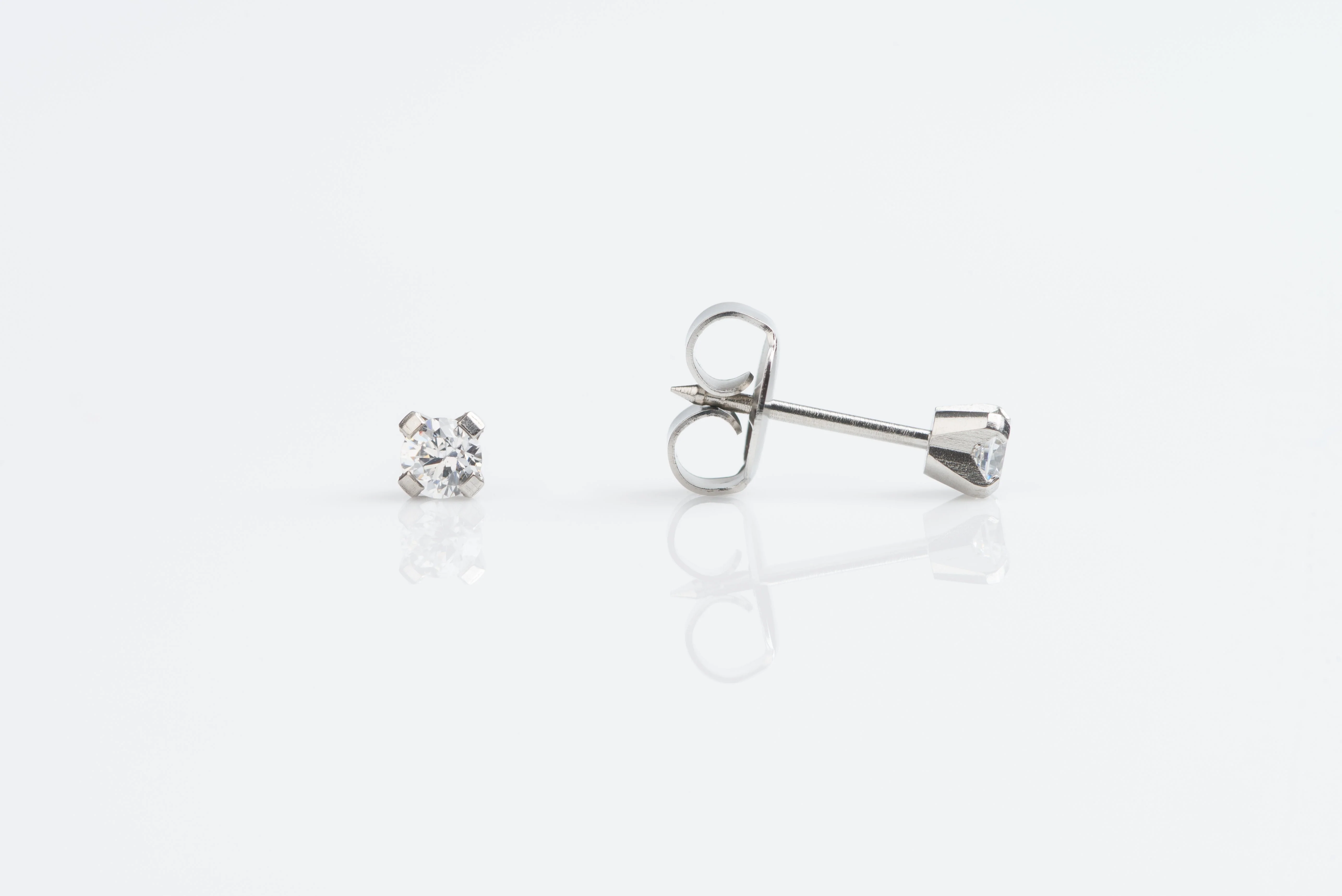 System 75 Prong Set Cubic Zirconia Piercing Studs - 3mm - Long Post - Stainless Steel