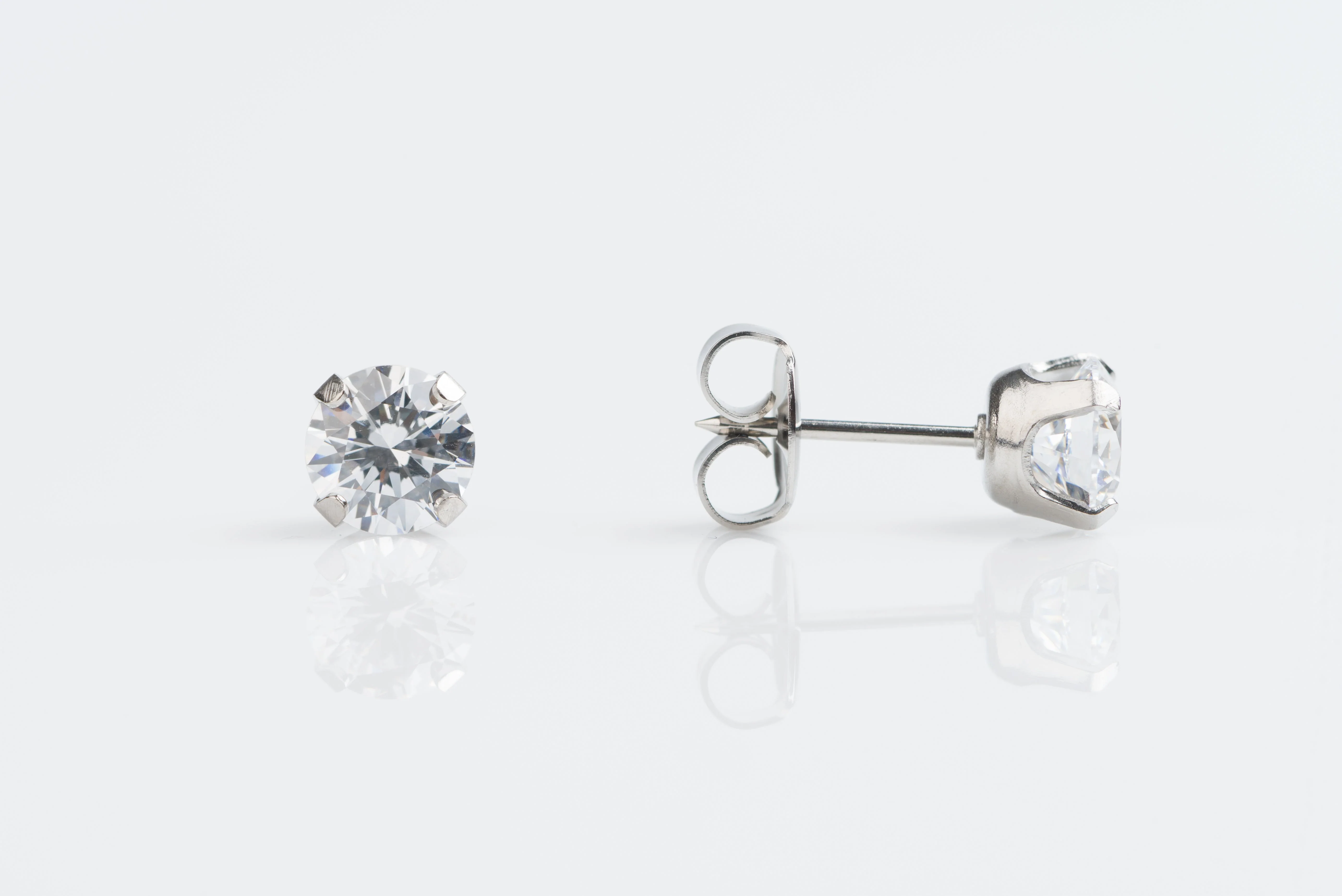System 75 Prong Set Cubic Zirconia Piercing Studs - 6mm - Regular Post - Stainless Steel