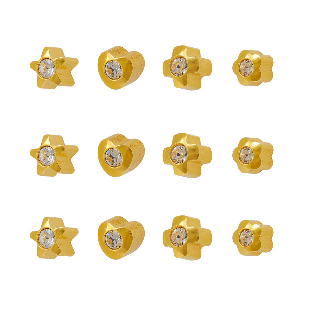 Shapelite Crystal Universal Flatpack Piercing Studs (Assorted Dozen) - Gold Plated - Regular Adaptor