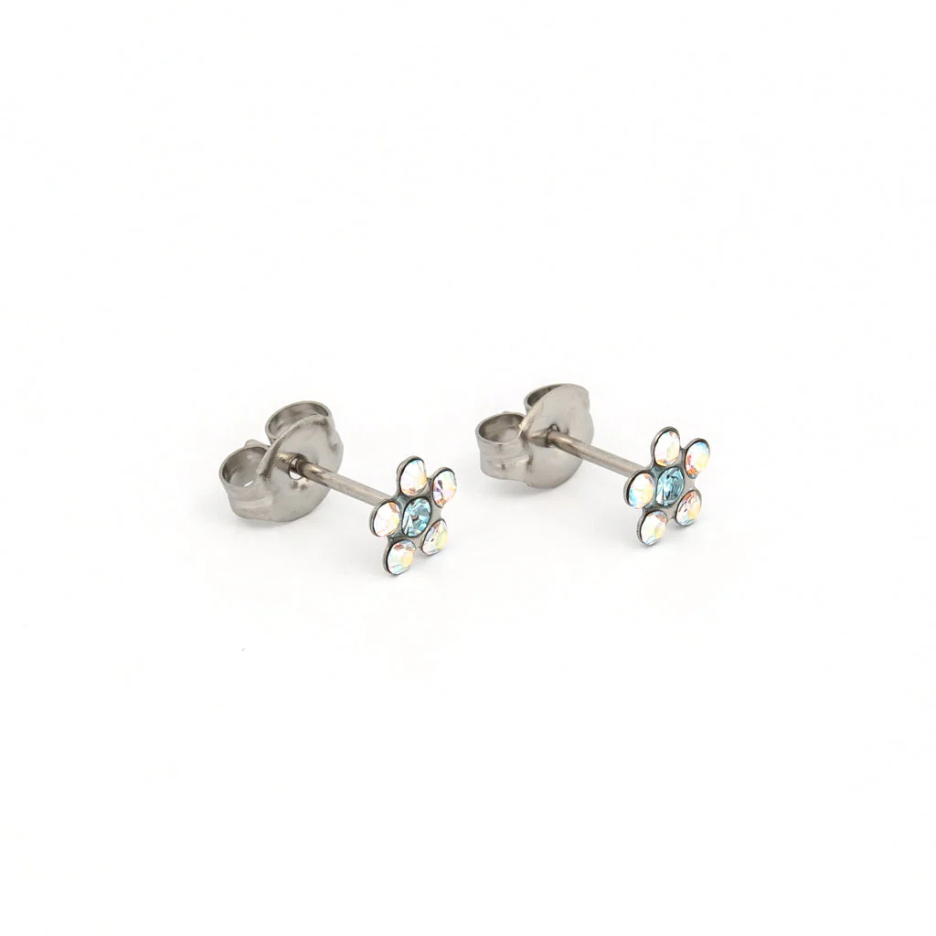 Tiny Tips Daisy Crystal Studs - AB Crystal/Mar Aquamarine - Stainless Steel - Image 3