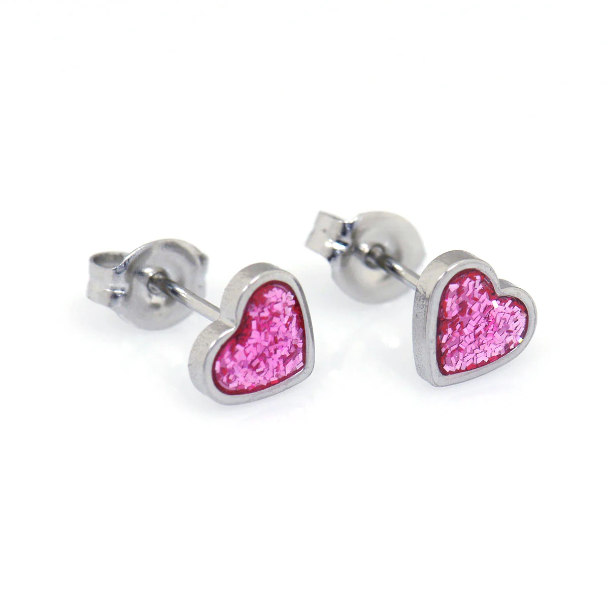 Tiny Tips Heart Studs - 6x6mm - Pink Glitter - Stainless Steel